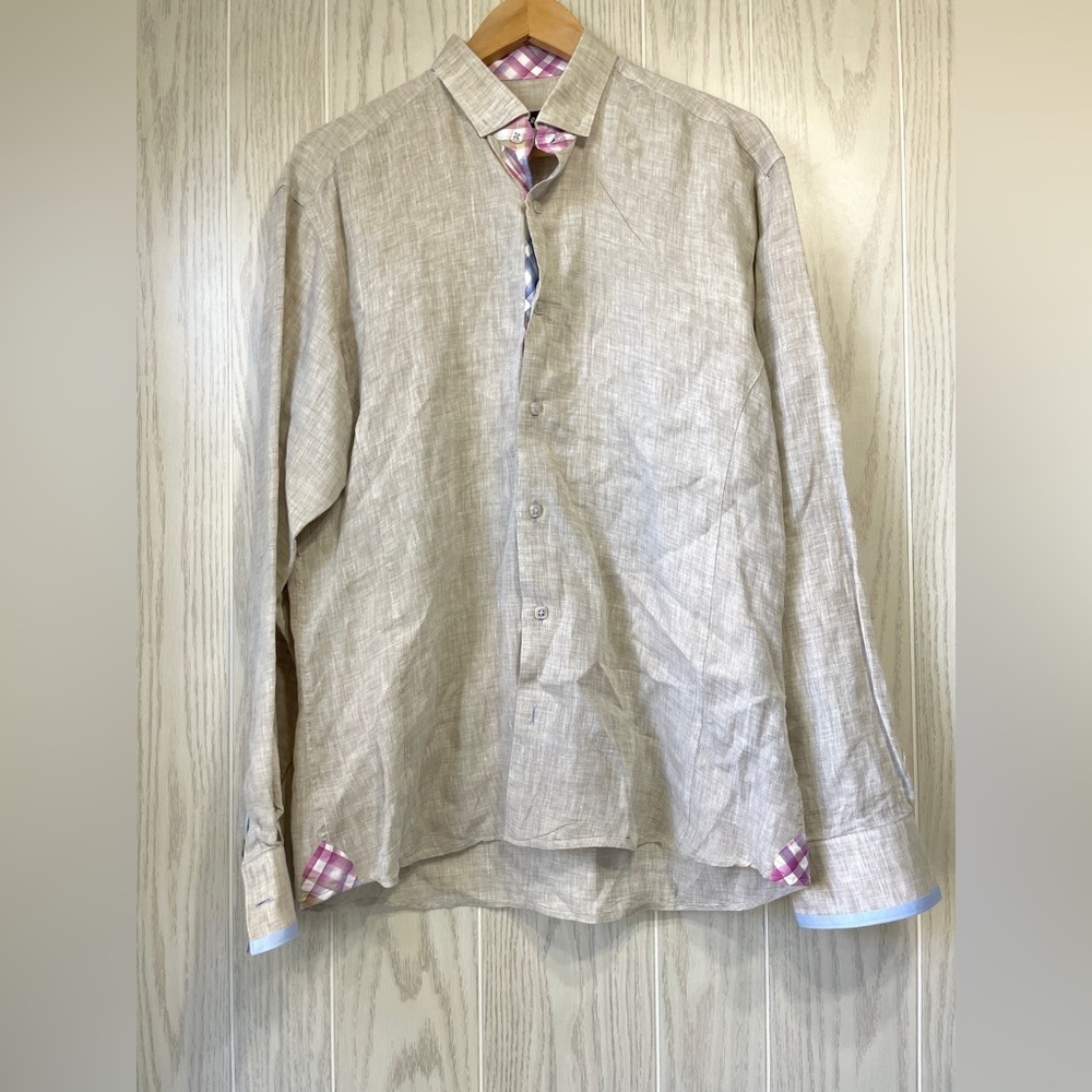 Maceoo Mens Size 4 LARGE Long Sleeve Shirt Sand color Linen EUC